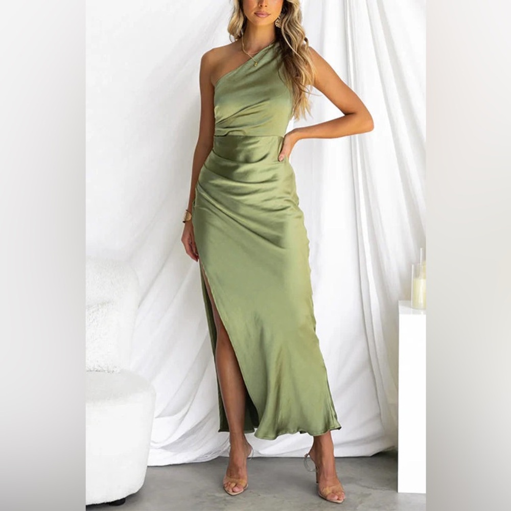 Sleeveless One Shoulder Ruched Side Slit Maxi Dress